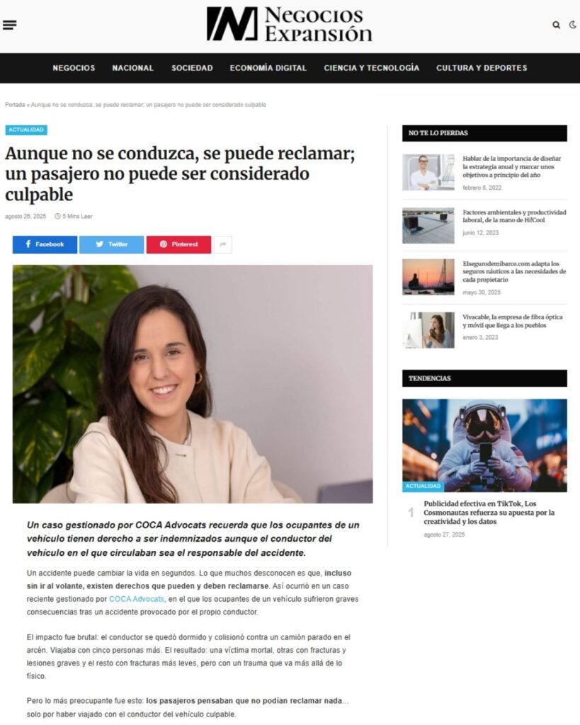 COCA ADVOCATS caso real_ Aunque no se conduzca, se puede reclamar; un pasajero no puede ser considerado culpable (2)